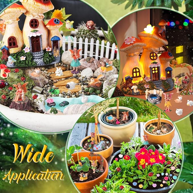 100 Pcs Fairy House Garden Kit Accessories Miniatures Fairy Figures Gnomes Mushroom House Solar Light Resin Dwarfs Statue Micro Landscape Ornaments for DIY Yard Outdoor Decoration