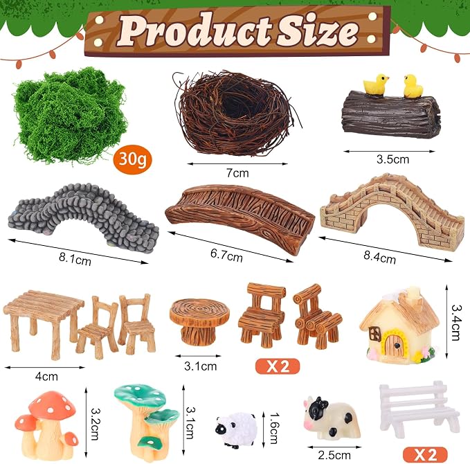 87 PCS Miniature Fairy Garden Accessories Kit with Moss & Trees Micro Landscape Ornament Village Set Resin Animal Figurines for Terrarium Bonsai Succulent Dollhouse Decor