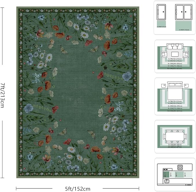 5x7 Area Rugs, Rug for Bedroom, Indoor Non-Slip Washable Rugs for Living Room, Dining Room, Low Pile Home Decor Floral Rug(Green)