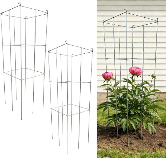 2 Pack 12x39 Inch Galvanized Folding Square Tomato Cages | Galvanized Tall Plant Support, Metal Trellis, Peony Cage, Peony Support