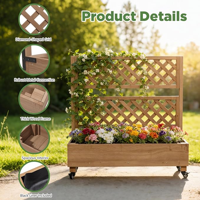 Raised Garden Bed with Wheels Outdoor, Large Garden Planter Box Tomato Flower Pots Cages with Standing Diamond Lattice Trellis for Vegetables Vines Herbs Fruits & Climbing Plants (Rhombic Grid))