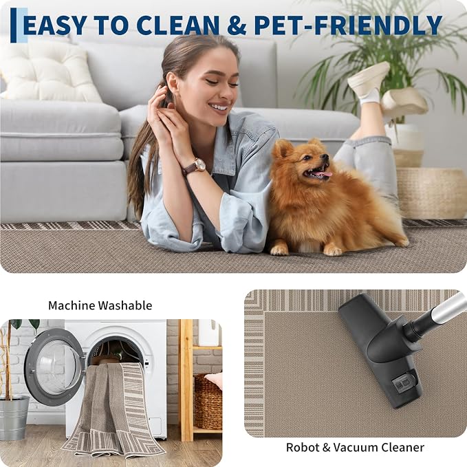 COZYLOOM Indoor Outdoor Rugs 8x10 Easy Jute Washable Area Rug, Beige Brown | Modern Non Slip Neutral Border Non Shedding Stain Resistant Foldable Rug for Living Room Dining Room Bedroom Patio Backyard