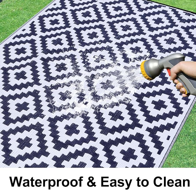 Smiry Waterproof Outdoor Rug 10X14 ft, Reversible Plastic Straw Patio Camping Rugs, Outdoor Indoor RV Mat Carpet for Patio, Outside Entry, Backyard, Deck, Bench, Picnic, Camper, White & Navy