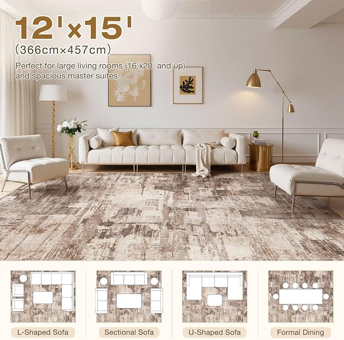 kakania Abstract 12x15 Area Rugs for Living Room: Washable Rugs Brown | Soft, Non-Slip, Low-Pile, Pet & Kid Friendly - Large Modern Home Decor Carpet for Bedroom/Dining Room/Office/Nursery