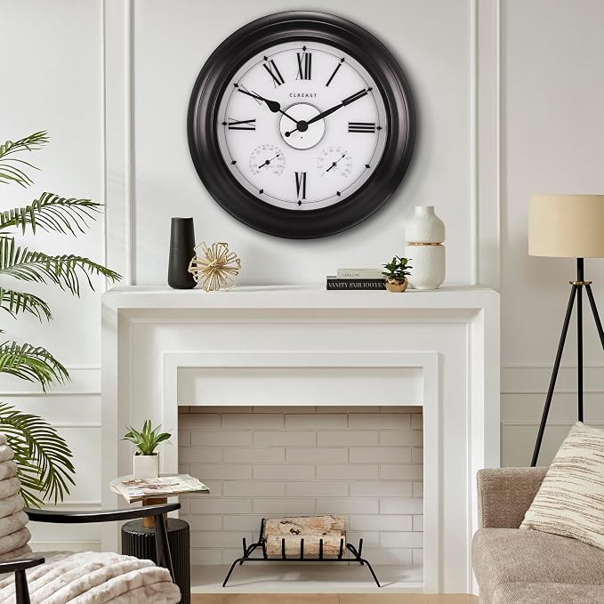CLXEAST Illuminated Outdoor Indoor Metal Clocks Waterproof 24 inch, Oil Rubbed Bronze Black,Oversized Large Outdoor Roman Numeral Wall Clock with Thermometer & Hygrometer