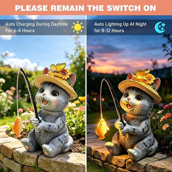 Solar Garden Outdoor Cat Statues with Butterfly, Fishing Cat Figurine Solar Lights Waterproof, Housewarming Birthday Gifts for Cat Lovers Mom Women, Lawn Home Decor for Patio Balcony Yard Ornaments