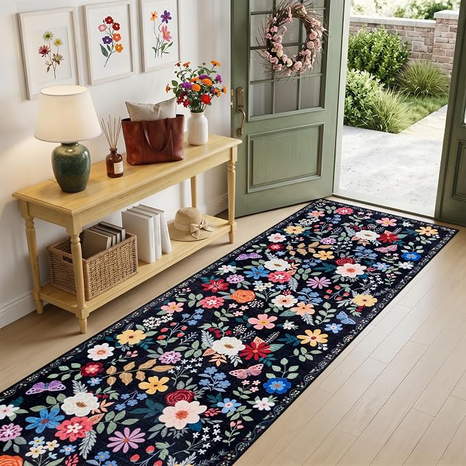 PLHXFR 3x10 Washable Runner Rug：Floral Indoor Kitchen Soft Carpet Black | For Hallway Bedroom Kitchen Laundry Bathroom Dorm,Vintage Floral,Machine washable,Non Slip,Stain Resistant,Indoor Floor