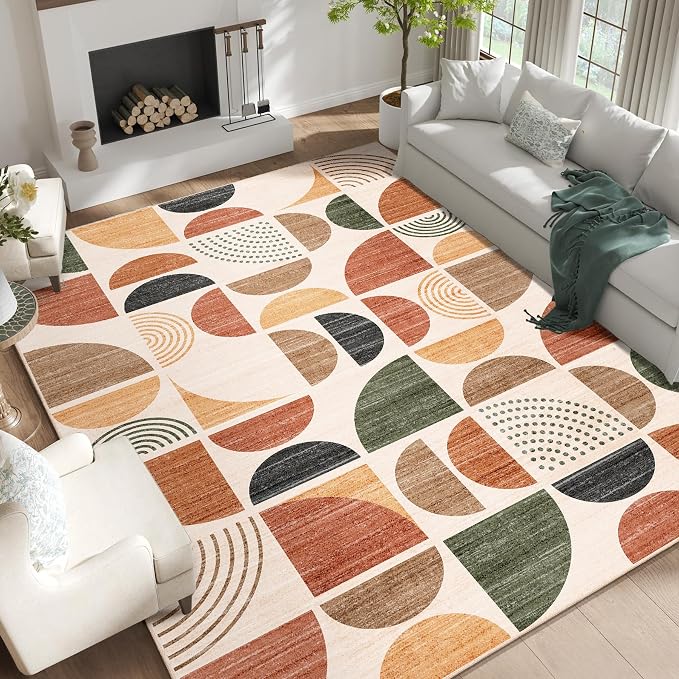 9x12 Area Rugs,Washable Rug Non Slip Modern Abstract Large Boho | Throw Carpet for Living Room Bedroom Dining Room Soft Low Pile Floor Indoor Bohemian Terracotta