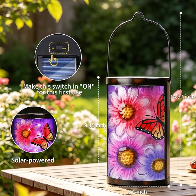 Hanging Solar Lantern Outdoor Waterproof Flowers Butterfly Solar Lights Glass Tabletop Decorative Lamp for Outdoor Patio Garden Outside Yard Decor