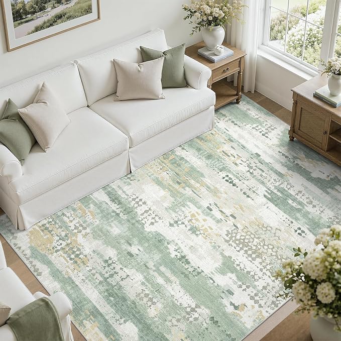 DCX 5x7 Area Rug Living Room: Washable Abstract Indoor Carpet Sage Green | Non-slip backing keeps this soft, washable low-pile rug secure and easy to clean—pet-friendly for bedrooms and offices