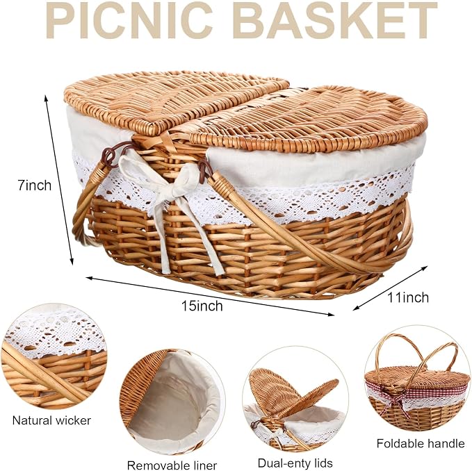 Picnic Basket with Blankets and Bamboo Plates Picnic Supplies Set Basket with Lid and Handle Wicker Picnic Basket Sturdy Woven Body with Washable Lining for Camping (White)