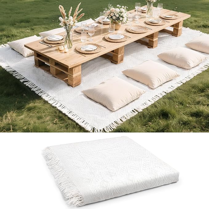 110 x 91 Extra Large White Outdoor Picnic Blanket, Thin Woven Cotton Yarn Oversize Portable Blanket with Fringe for Camping, Lawn or Wedding Photoshoot. Indoor Bohemia Decorations, Machine Washable