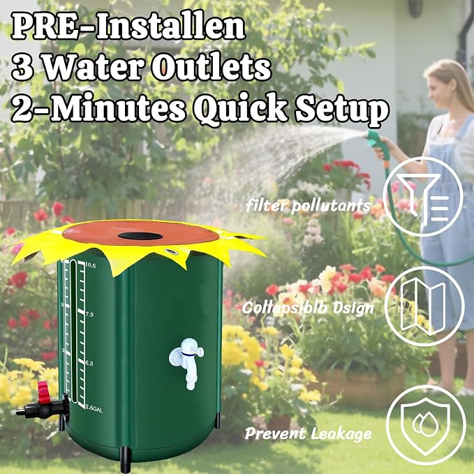 26 Gallon Collapsible Rain Water Collection Barrel System, Efficient Yard Rainwater Harvesting Solution with Spigot, Catchment Tank Stand Kit, Collector Storage Containers Long Term