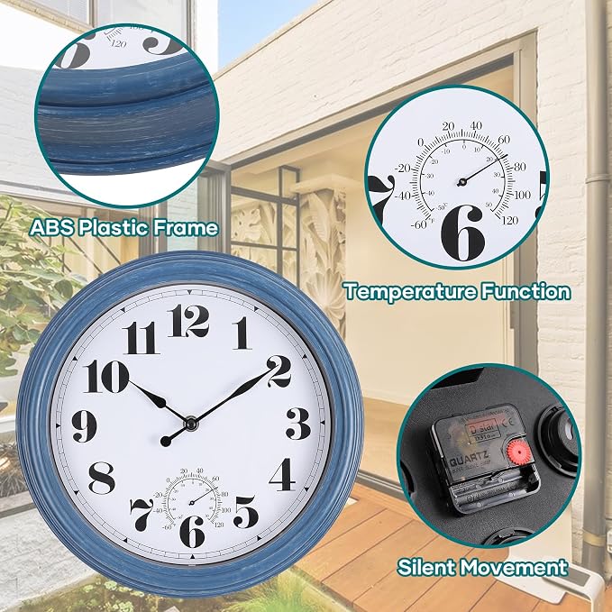 Outdoor Clock Waterproof 12 Inch Outdoor Clocks with Thermometer Combo Wall Clock Battery Operated Non-Ticking for Patio Pool Garden (Blue, 12Inch)