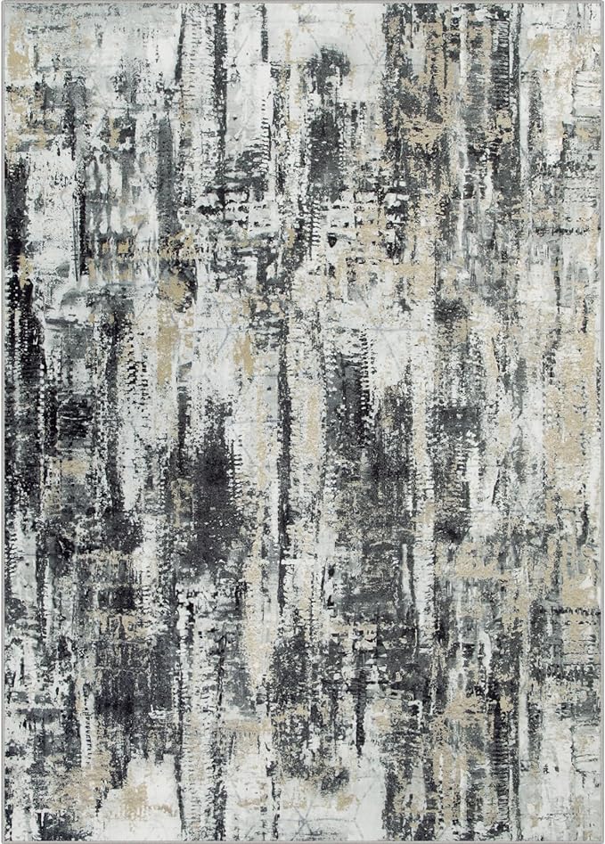 9x12 Area Rugs for Living Room: Washable Abstract Black Grey Gold Carpet | Non-slip TPE backing makes this washable soft low-pile rug safe & durable, Pet-friendly decor for dining room,nursery,office