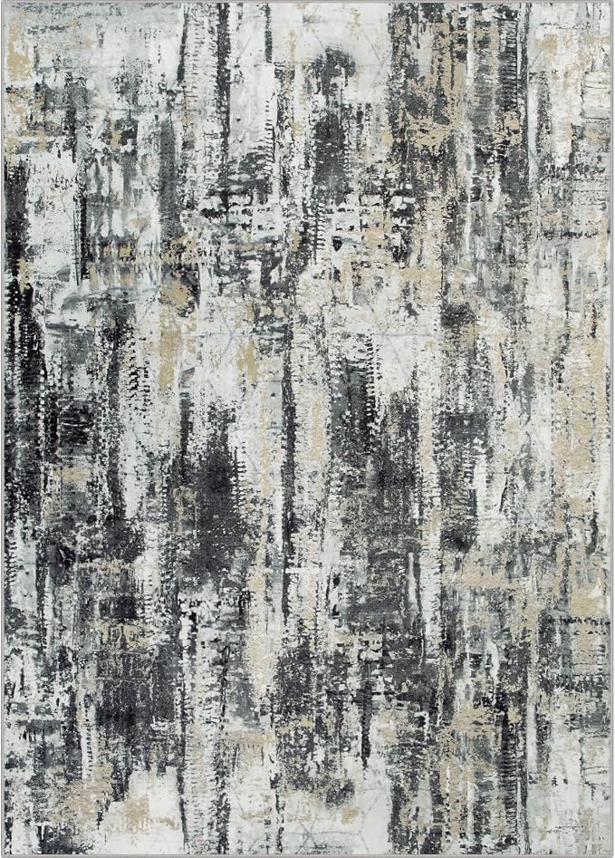 6x9 Area Rugs for Living Room: Washable Abstract Black Grey Gold Carpet | Non-slip TPE backing makes this washable soft low-pile rug safe & durable, Pet-friendly decor for dining room,nursery,office