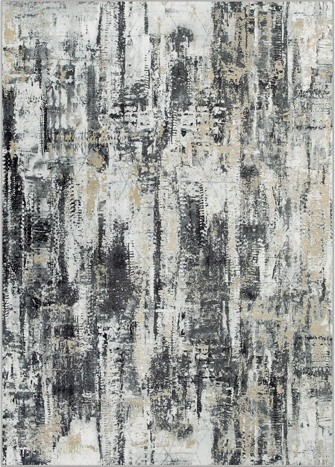 5x7 Area Rugs for Living Room: Washable Abstract Black Grey Gold Carpet | Non-slip TPE backing makes this washable soft low-pile rug safe & durable, Pet-friendly decor for dining room,nursery,office