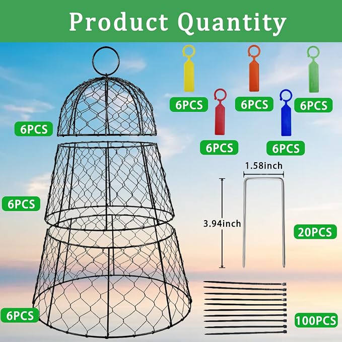 6 PCS 17.7"H X11.42"D Chicken Wire Plant Covers Protectors, Rustproof Heavy Duty Metal Plant Cage with Stakes & Labels, Modular Garden Cloches Design for Seedling Flower Vegetable Protect from Animals
