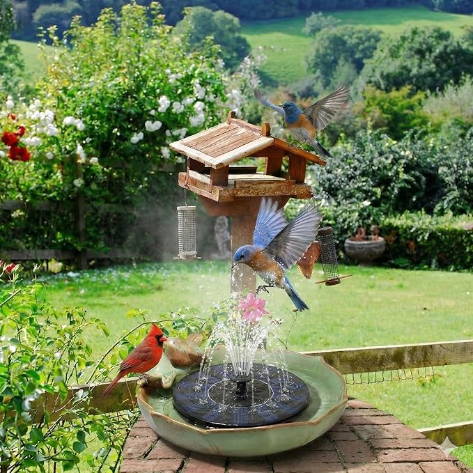 Solar Hummingbird Fountain,Ceramic Birdbath Bowl Water for Outdoor, Solar Powered Ground Bird Feeders and birdbath for Outdoors, Tabletop, Deck, Balcony Patio, Lawn,Yard Garden Decor