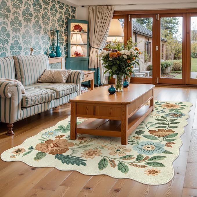 Lahome Floral Washable Living Room Rug, 5x7 Area Rugs for Bedroom Soft | Dining Room Rug Ultra-Thin Non Slip Stain Resistant Boho Low-Pile Throw Carpet for Office Flore (5x7ft, Beige)