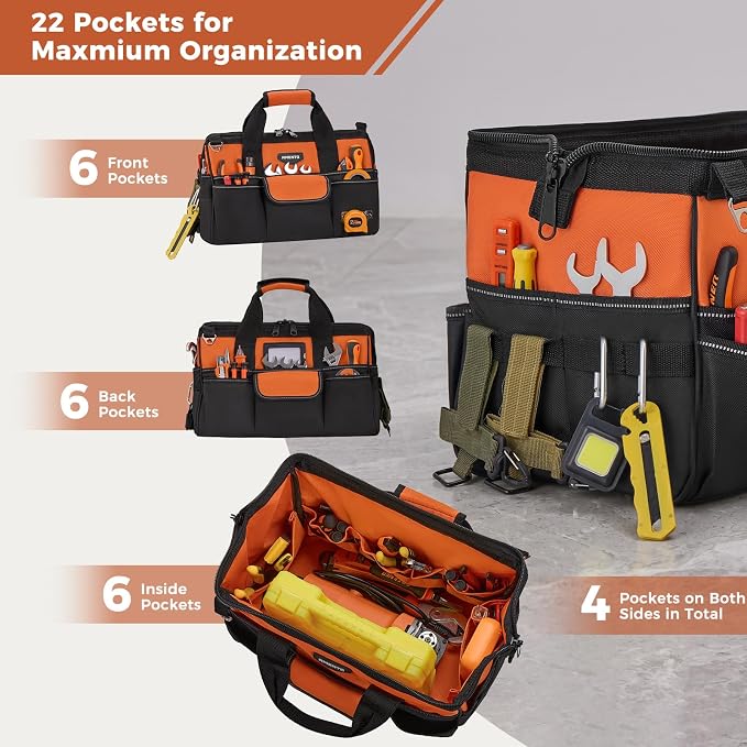 16-Inch Heavy Duty Tool Bag, 22 Pockets Empty Tool Box Organizer Storage, Soft Tote Toolbox Organization Portable Handle Carrying Work Toolbag for Electrician Mechanic, Dad Men Gifts, Orange