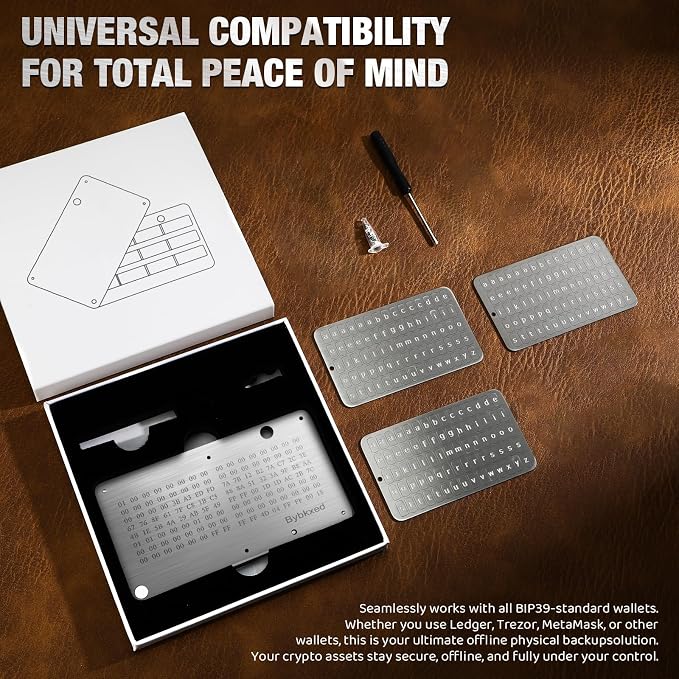 crypto seed phrase storage, metal seed phrase plate, Bybkxeo S1,24-Word Capacity, Fire/Corrosion Resistant, Compatible with Ledger/Trezor/KeepKey (silver S1)