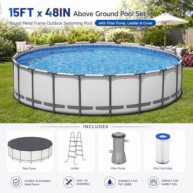 Above Ground Pool 15ft x 48in Steel Frame w/Pump Ladder Cover | 15x48ft, steel frame rust-proof, tool-free setup, 1000gal timer pump, ladder, cover, spare filter. 3-layer PVC liner.