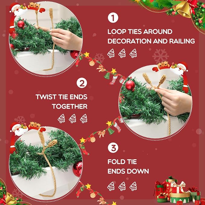 Zhengmy 24 Pcs Christmas Garland Ties Extra Long 30'' 25'' 20'' Gold Decorative Twist Tie for Banister Reusable Flexible Twist Tie for Garland Stairway Railing Home Xmas Holiday Decor