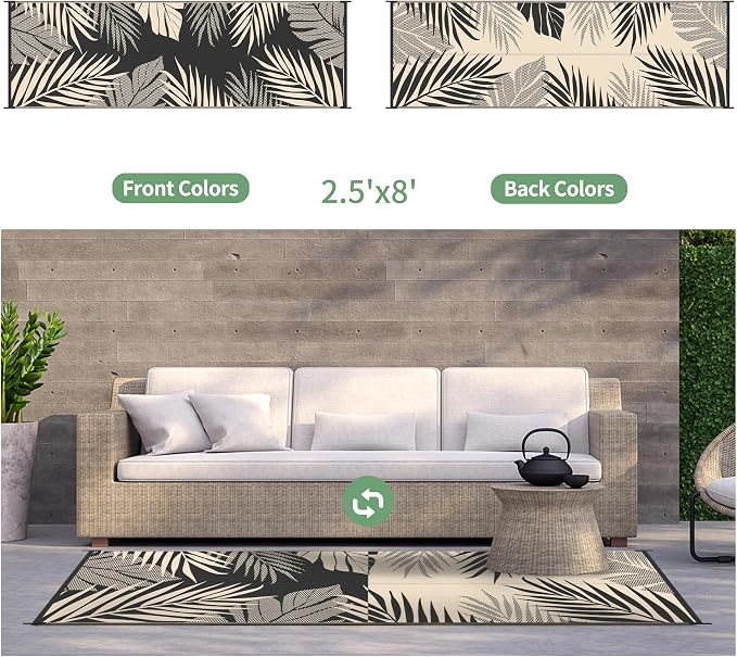 GENIMO Outdoor Rug 2.5' x 8' Waterproof for Patios Clearance, Reversible Outdoor Plastic Straw Camping Rug Carpet, Large Area Rugs Mats for RV, Camper, Deck, Balcony, Porch, Beach, Black&Beige