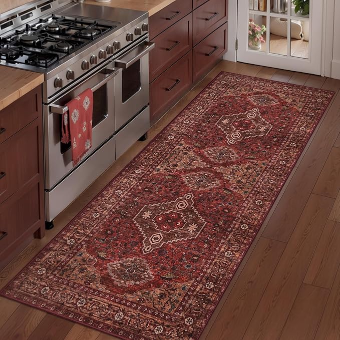 Tangsoo Red Oriental 2x5 Washable Runner Rug for Hallways, Non Slip Runner | Boho Runner Rug Vintage Low Pile 2x5 Rug Runner, Carpet Runners for Kitchen Bedroom Entryway Bathroom Living Room Dark Red