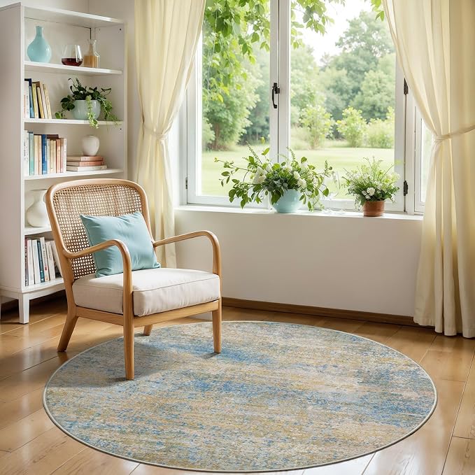 Tangsoo Abstract Round Rug 4ft Washable Circle Rug, Modern Non Slip | Contemporary Circular Rug, Low Pile Small Round Carpet for Bedroom, Entryway, Nursery, Dorm, Kitchen, Blue Beige Home Decor