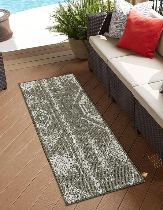 Unique Loom Outdoor Bohemian Collection Area Rug - Anthro (2' x 4' 1" Runner, Green/ Ivory)