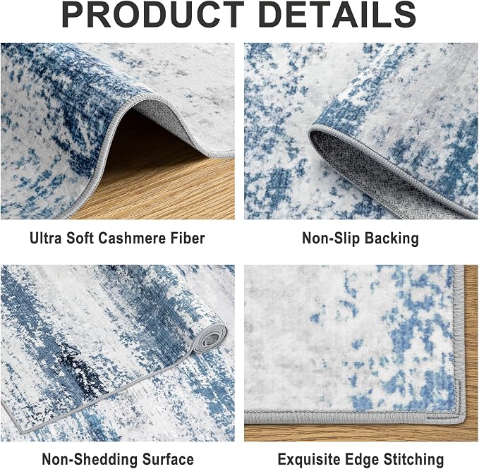 PLHXFR Area Rug Living Room: 4x6 Abstract Washable Carpet White Blue | For Bedroom Dining Room Farmhouse Nursery Home,Machine washable,Non Slip,Large Soft Neutral,Stain Resistant, Indoor Floor