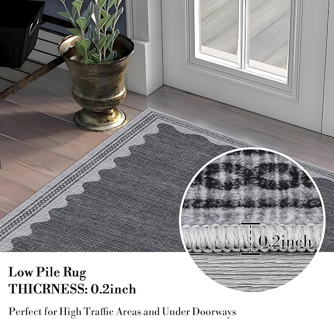 8x10 Scalloped Area Rugs Grey Washable Living Room Bedroom Rug | Solid Tan Rug for Bedroom Girls, Non Slip Throw Carpet With Rubber Back, Soft Dorm Nursery Scalloped Rugs for Dining Room