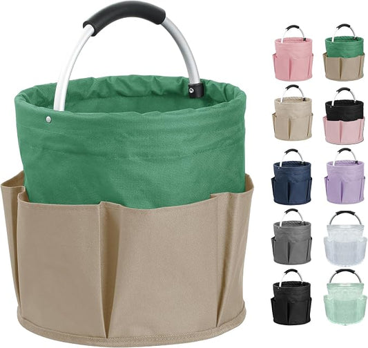 17L Caddy Organizer with Handle, Foldable Cleaning Supplies Caddy with 6 Pockets, 600D Oxford Cloth Tool Bag, Storage Organizer for Camping, Car Tool Storage, Gardening, Khaki with Green