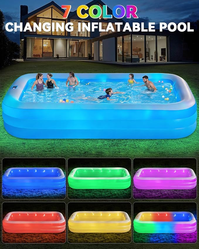 Large Inflatable Pool for Adults,130" x 72" x 22" Thickened Blow Up Pool with Lights & Pump, 7 Color Changed Durable Above Ground Family Swimming Pool for Backyard Outdoor Garden