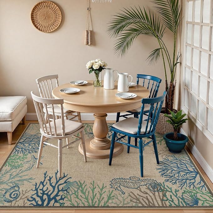 LIVEBOX Modern Easy Jute 5x7 Outdoor Rug, Washable Area Rugs for Living Room Patio Coastal Animal Indoor Outdoor Rug, Boho Farmhouse Non Slip Carpet for Backyard Foyer Dining Room(Olive, 5'x7')
