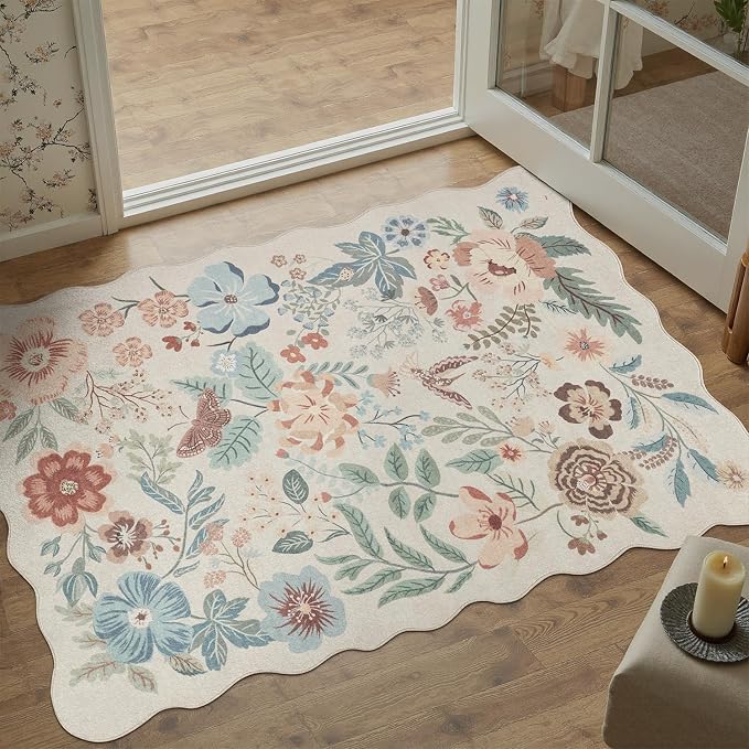 DCX Vintage Floral Washable Area Rug 3x5, Non Slip Low Pile Rug, Beige | Rugs for bedroom, living room, dining room, office, soft, kid & pet friendly, sain resistant indoor carpet, home decor