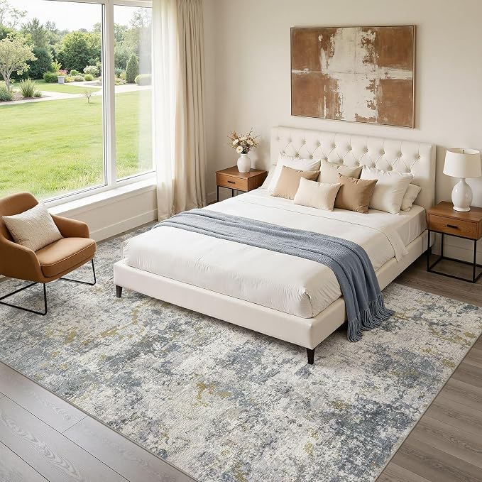 kakania Washable 8x10 Area Rug for Living Room: Abstract Modern Home Decor | Soft Stain Resistant, Low-Pile, Non-Slip, Pet & Kid Friendly, Thin Rug for Bedroom/Dining Room/Kids Dorm - Blue Grey
