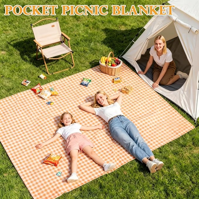 Fammart Pocket Picnic Blanket Sandproof Waterproof, Portable Lightweight Camping Tarp, Quick Dry Foldable Compact Beach Mat with Corner Pockets & Stakes for Festivals Hiking Outdoor Essentials