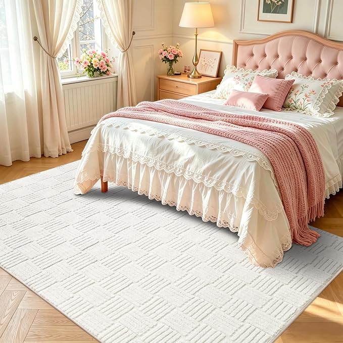 White Washable Shag Area Rug for Living Room, 6x9 Modern Geometric Non Slip Bedroom Rugs, Fluffy Soft Thick Carpet for Girls Kids Room, Dorm, Office, and Home Decor