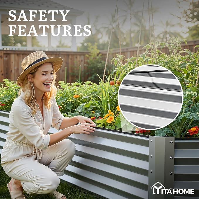 YITAHOME 8x4x1.5ft 2pcs Large Raised Garden Bed Kit, Galvanized Metal Planter Box with Gloves, Outdoor Above Ground Planters for Plants Vegetables Flowers, Silver Gray