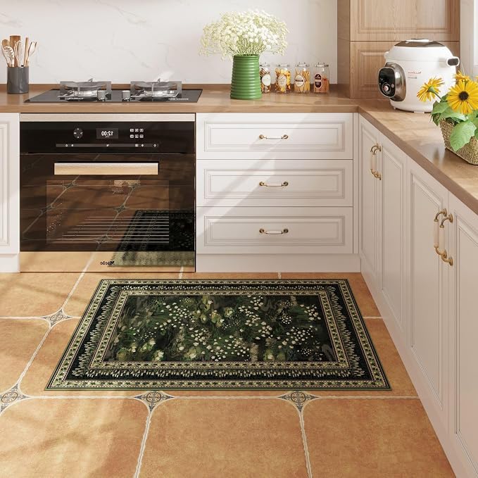 Rugcomf 2x3 Rug Impressionist-Style Vintage Indoor Door Mat Machine Washable Small Area Rug Non-Slip Low Pile Throw Rugs for Entryway Kitchen Front Door Indoor Entrance Entry Kids Room, Green