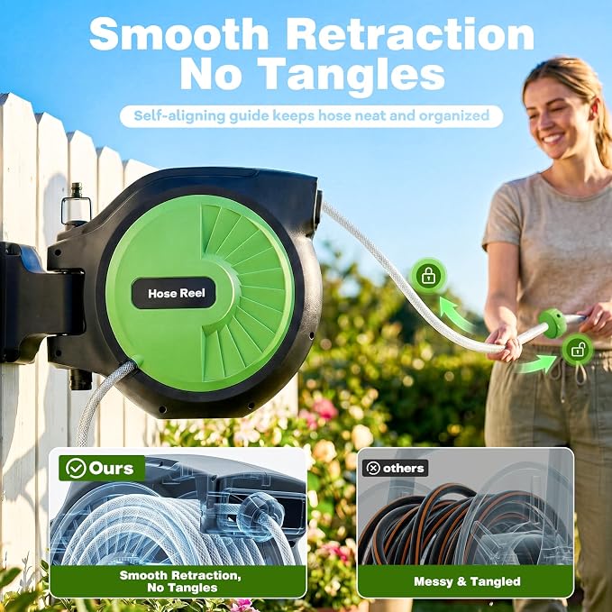 Retractable Garden Hose Reel 150FT x 1/2 in, Wall Mount Water Hose Reel for Outside with Auto Rewind, Tangle-Free Guide, 180° Swivel Bracket, Lock at Any Length, High-Pressure Flow, 10-Pattern Nozzle
