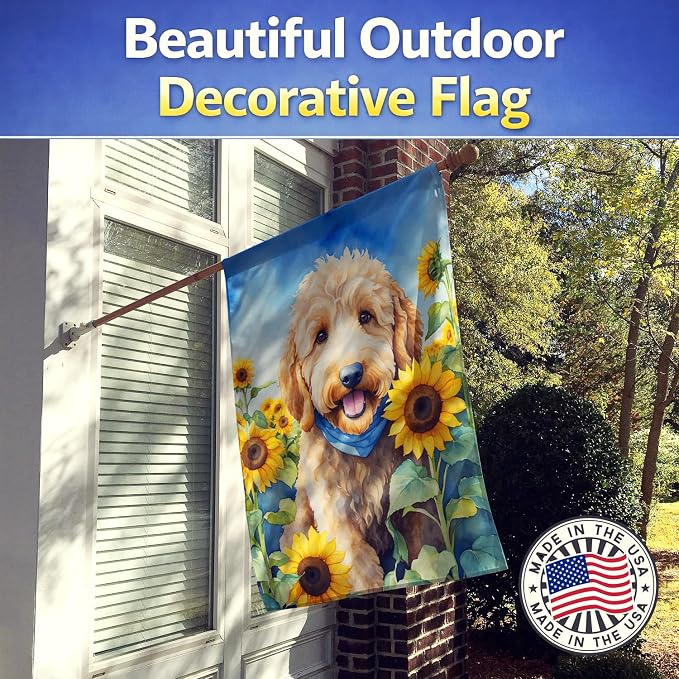 Caroline's Treasures DAC6089CHF Goldendoodle in Sunflowers House Flag Large Porch Sleeve Pole Decorative Outside Yard Banner Artwork Wall Hanging, Polyester, House Size, Multicolor