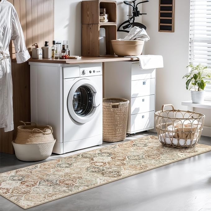 Lahome Moroccan Hallway Runner, 2x6 Kitchen Runner Rugs Non Skid Washable | Trellis Vintage Laundry Room Rug Ultra-Thin Long Carpet for Bathroom Bedroom Entryway Elise, Khaki