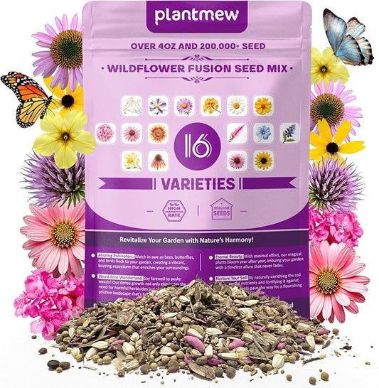 200,000+ Wildflower Seeds [4oz] 16 Variety Perennial Mix - Heirloom Seeds for Pollinator Gardens | Attracts Bees/Birds/Butterflies | High Germination Rate for Indoor & Outdoor