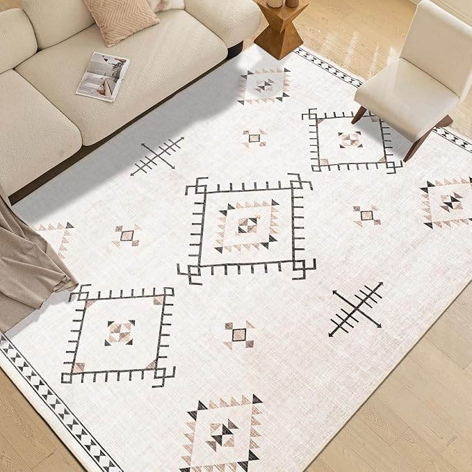ILANGO Area Rug 3'x5' for Living Room Bedroom Washable Moroccan Boho Rugs for High Traffic Area Non Slip & Non-Shedding Rugs Fade Resistant Carpet for Doorway Entryway Kitchen Laundry (Beige)