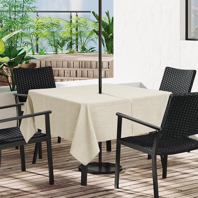 LUSHVIDA Outdoor Tablecloth with Umbrella Hole - Patio Table Cloth Zippered Square 60x60 Inch, Beige Linen-Look Polyester Table Cover Water Resistant for Picnic Outside