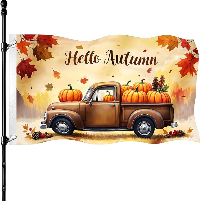 Fall Flag 3x5Ft Outdoor Double Sided Happy Fall Banner for Outside Hello Autumn Holiday Yard Flag Thanksgiving Truck Harvest Pumpkin Berries with 2 Grommets for Farmhouse Indoor Outdoor Decor